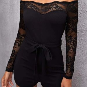 WOMENS off shoulder contrast lace romper long sleeve